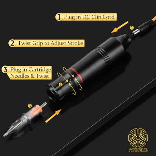 Rotary Tattoo Machine, ATOMUS Tattoo Pen Style Cartridge Machine Gun Liner Shader with DC Cord 9000r/m Motor Zinc Alloy Tattoo Machine Kit for Body Art Tattoo (Black)