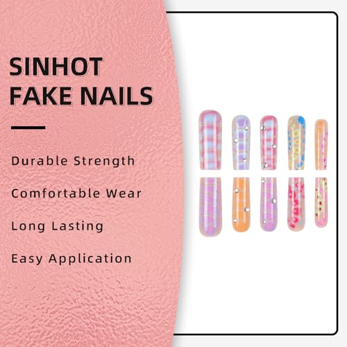 SINHOT Square Press on Nails - Long Fake Nails, Glossy Finish, Colorful Ombre & Crocodile Print, DIY Artificial False Nail Art - 24 Pcs Nail Kit with Glue
