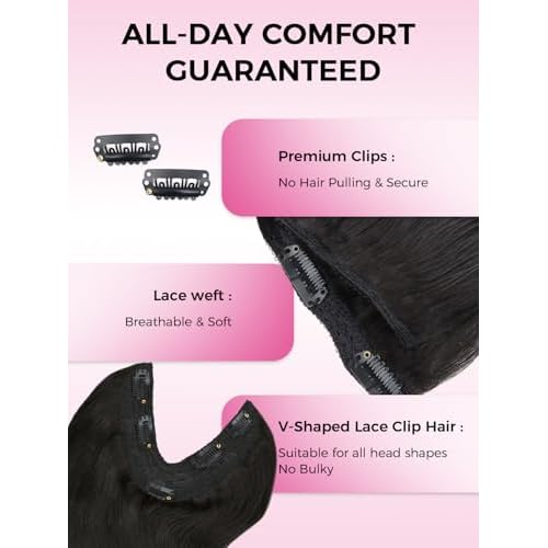 Lashey V Shape Invisible Clip in & Lace Clip in Hair Extensions Human Hair, 14 Inch 110g Set (1 V-Shaped + 2pcs Lace Clip ins), Natural Black Body Wave No Leave Out Hair Extension for Women