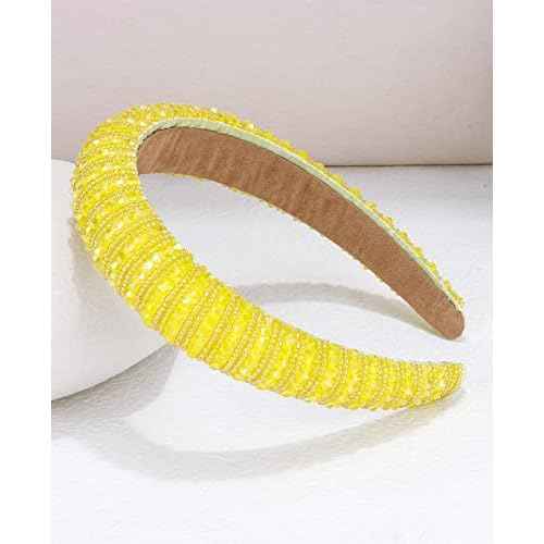 Wecoe Yellow Headband Fashion Rhinestone Padded Headband Women Cute Fancy Bling Diamond Sparkle Crystal Beaded Hairband Homecoming Prom Holiday Hair Accessories For Women Girls Birthday Gifts