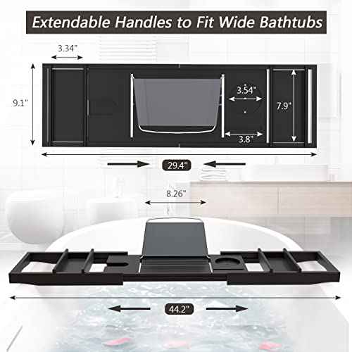 Domax Bathtub Caddy Tray Expandable Bamboo Tub Tray for Luxury Bath with Book Holder and Free Soap Dish Black