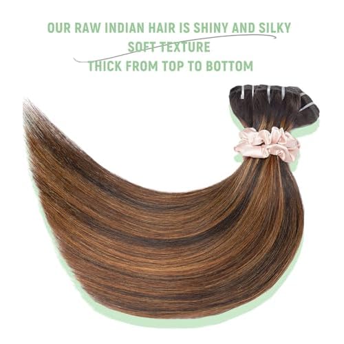 mlip Raw Bundles Human Hair Straight, No Tangle Shedding, Keep Texture Silky Soft After Multiple Washes, 15A Raw Indian Hair Bundles 16 Inches, Brown Highlight Bundles
