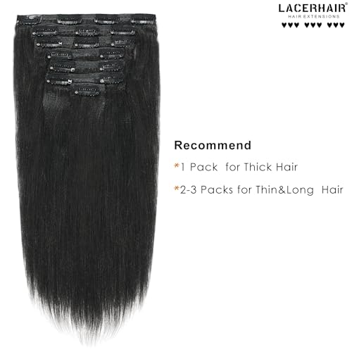 Lacer Thick Yaki Straight Clip in Real Human Hair Extensions, Light Yaki Straight Clip ins, Jet Black Color For Black Women Relaxd Hair 120G 7Pieces 22 inch