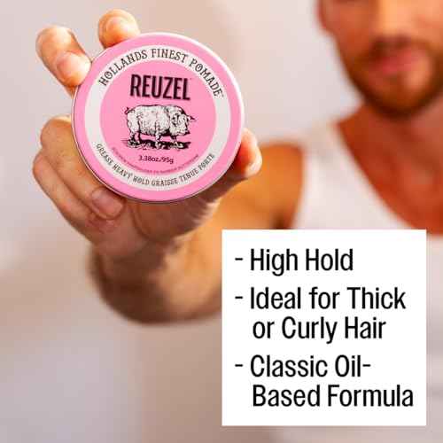 REUZEL Pink Grease Pomade, Strong All Day Hold, Oil-Based Styling Wax, Medium Shine, Easy To Wash Out, For All Hair Types