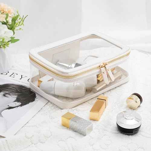 Aveniee Clear Makeup Bag, Large Transparent Cosmetic Pouch with Dual Zippers, Travel Toiletry Case Car Organization for Women Enssantials (Off-White)