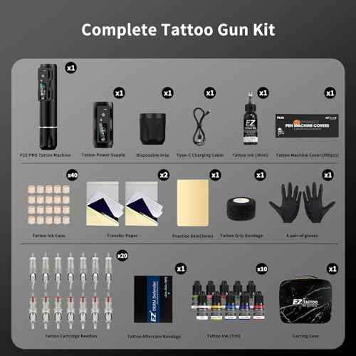 EZ Tattoo Kit - Tattoo Gun Kit with Wireless Tattoo Machine Pen, 1800mAh Power Supply Battery, 20Pcs Tattoo Cartridge Needles for Tattoo Beginners and Artists (P2S Pro Black)