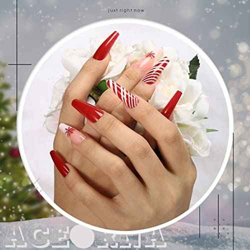 Red Long Press on Nails Glossy Xmas Fake Nails Black Coffin Snowflake Stripe Full Cover Acrylic Nail Christmas False Nails for Women and Girls 24PCS (Type A)