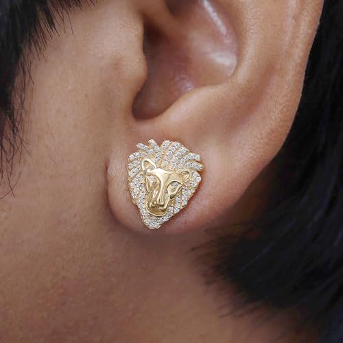 Lion Head Stud Earrings for Men in 14K Gold Plated 925 Sterling Silver with White Cubic Zirconia or Moissanite ? Animal Face Men¡¯s Jewelry Gift for Him, Push-Back