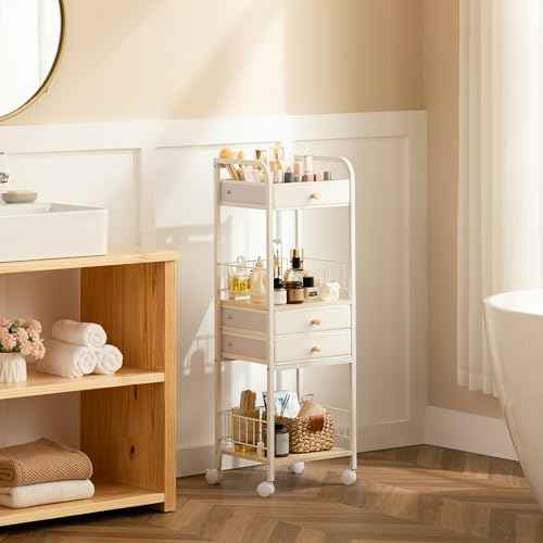 HBlife Floor Makeup Organizer Storage Cart, Make Up Organizers with Drawers, Vanity Cosmetics Display Cases Holder for Skincare Nail Polish Perfume, Bathroom Organizer Shelf with Wheels