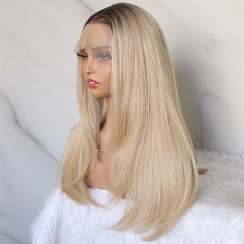 13x6 Wear and Go Ombre Blonde Wig Lace Front Wig with Brown Root Pre Plucked Glueless for Beginner Layered Straight Natural Looking Wig for Women 20 Inch