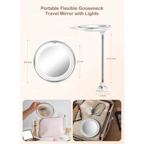 10x Magnifying Mirror with Light, Flexible Gooseneck Make up Mirror with Lights and Magnification, Battery Operated Cordless with Suction Cups for Wall Bathroom