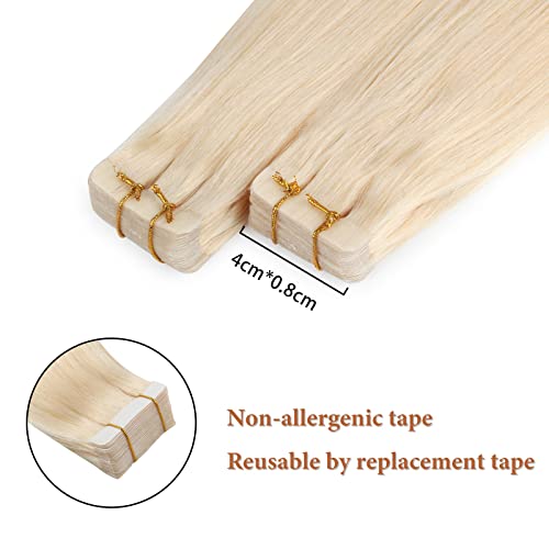 Lovrio 22" 20pcs 50g Tape in Human Hair Extensions Color 60 Platinum Blonde Prime Silky Straight Skin Weft Remy Human Hair