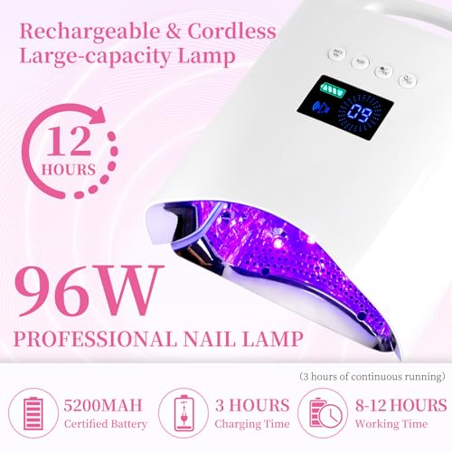 Cordless UV Nail Lamp, 96W Rechargeable UV Light for Gel Nails with Automatic Sensor & 4 Timers, Portable LED Nail Lamp, Professional Nail Dryer for Salon & Home (White)