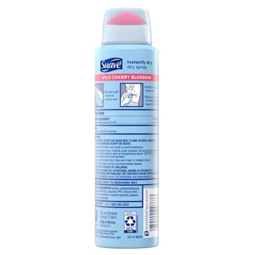 Suave Spray Deodorant Woman, Wild Cherry Blossom, deodorant women spray, Antiperspirant, 48-Hour Odor & Wetness Protection, 3.8 Oz (Pack 12)
