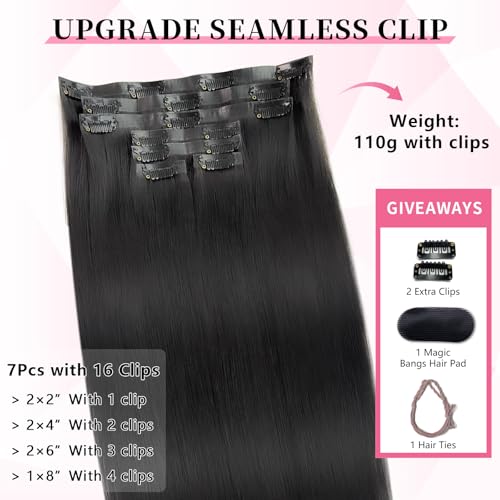 16 inch Seamless Clip in Hair Extensions Real Human Hair 110g 7pcs Invisible Soft PU Clip in Hair Extensions for Black Women Virgin Human Hair Extensions Clip ins 1B Natural Black Straight