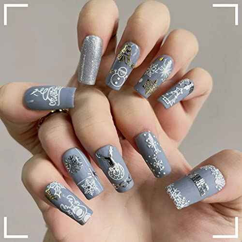 Christmas Nail Art Stickers Decals, White Sliver Snowflake Nail Decorations 3D Winter Christmas Xmas Snowmen Elk Trees Design Nail Stickers for Acrylic Nail Art Happy New Years Party Supplies 5Sheets