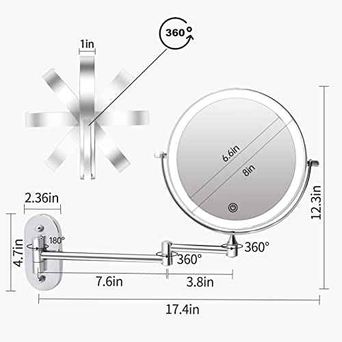 Rechargeable Wall Mounted Lighted Makeup Vanity Mirror 8 Inch Double Sided 1X 10X Magnifying Bathroom Mirror, 3 Color Lighting, Touch Screen Dimming, Extended Arm 360 Rotation Shaving Light up Mirror