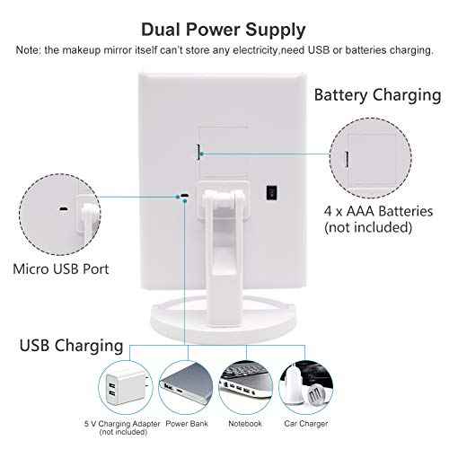 WEILY Makeup Mirror with 21 LED Lights,Two Power Supply Modes, Adjustable Touch Screen and 1x/2x/3x Magnification Tri-Fold Vanity Mirror,Chargeable Travel Cosmetic Mirror for Desktop(White)