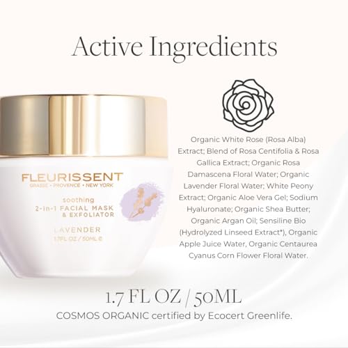 Fleurissent Serenity Elixir Lavender 2-in-1 Facial Mask & Exfoliator ? Calming Fusion Florale-6, Organic Roses & Gentle Rice Exfoliation, 98% Natural, 1.7 FL OZ for Healthy-Looking Skin