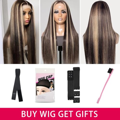 26 inch Black and Blonde Human Hair Wig Pre Plucked with Baby Hair 13x4 Highlight Wig Human Hair Balayage Lace Front Wigs Human Hair 200% Density for Women