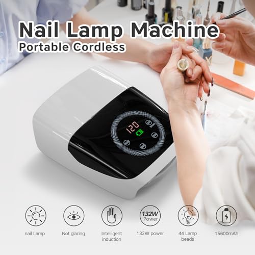 Cordless UV LED Nail Lamp, 132W Rechargeable Gel Nail Lamp Professional Nail Dryer Gel Polish UV Lights for Nails with 4 Timer Setting Quick Dryer Curing Lamp for Salon & Home (White)