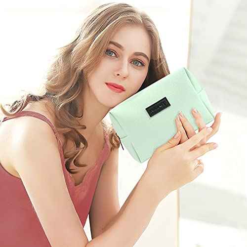 MAANGE 2 Pcs Small Makeup Bag For Purse, Travel Cosmetic Bag Makeup Pouch PU Leather Portable Versatile Zipper Pouch For Women (Pink+Green)