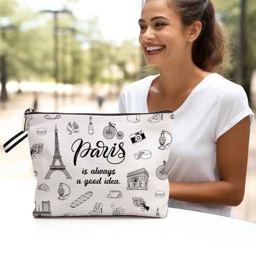 Paris Travel Gift Cosmetic Bag, Paris Lover Gifts Makeup Bag, Paris City Skyline Paris Is Always A Good Idea Zipper Pouch, Gifts for Women Birthday Christmas