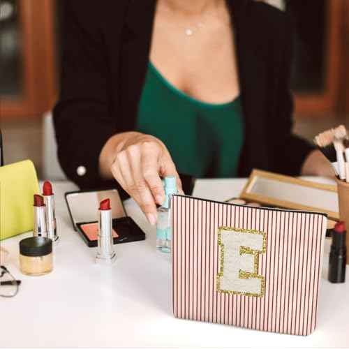 DETIHO Initial Letter Makeup Bag, Cosmetic Bag, Makeup Bag with Chenille Letter Patch, Personalized Gifts, Cute Makeup Pouch, Gifts for Women, Letter E, A20