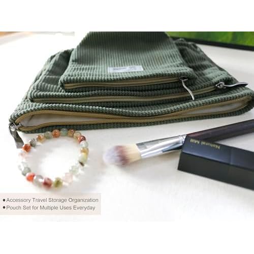 HAPPYHEIDI Corduroy Makeup Bag Set 3 Cosmetic Toiletry Travel Pouch Organizer for Purse Tote, Women Girls Gift, Large Medium Small, Solid Sage Green