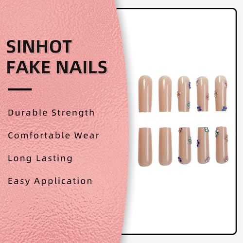 SINHOT Square Press on Nails Long - Colorful Rhinestones Flowers Fake Nails Glossy Glue on Nails Nude Natural Acrylic Nail Squoval Artificial Nail Stick on False Nail with Design 24pcs