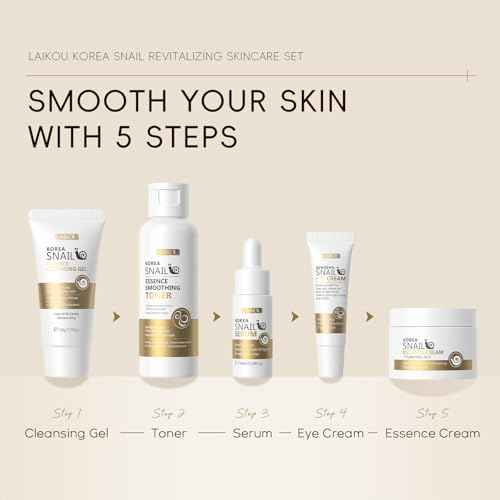 LAIKOU Korean Skin Care, Skin care set, Skin Care Kit Snail and Ginseng with Cleansing Gel, Toner, Eye Cream, Serum, Essence Cream 5pcs for Women Teen Girls Mom Daughter Mother's Day Birthday