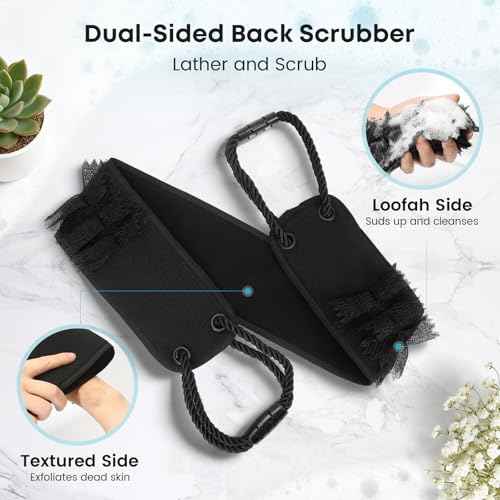 Back Scrubber with Handles for Shower, 40 Inches Dual-Sided Back Washer with Exfoliating Texture and Loofah for Men, Women and Elderly, Bath Back Exfoliator Body Cleaner for Deep Cleansing
