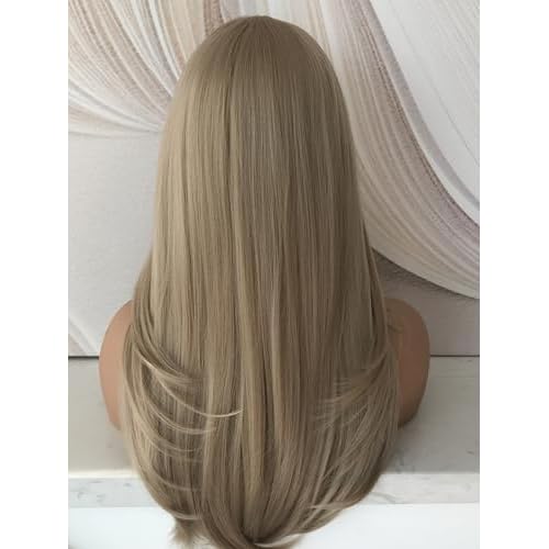 Ash Brown Layered Wig Pre Plucked Synthetic 13x6 Glueless Straight Lace Front Wig for Beginner Wear and Go 5D Arched Mesh Cap Natural Looking Wigs for Women 22 Inch Natural Density