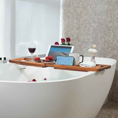 VaeFae Premium Teak Bathtub Tray, Expandable Wooden Bath Tray for Tub, Luxury Bathtub & Bathroom Accessories, Great House Warming, Anniversary & Wedding and Birthday Gifts (Free Teak Body Brush)