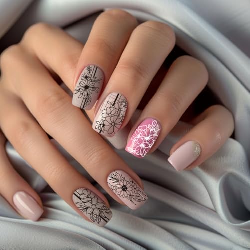 PH PandaHall 3pcs Border Flowers Nail Stamp Plates, Geometric Line Flowers Nail Stamper Plant Nail Art Stencils Print Nail Stencils Stainless Steel Nail Image Plate for Nail Art Design Manicure Salon