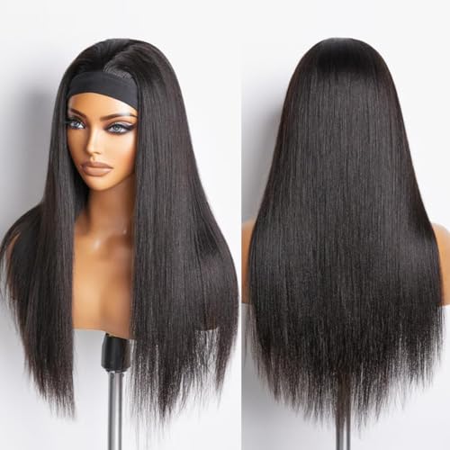 Straight Headband Wig Human Hair Brazilian Virgin Human Hair Wigs for Black Women Glueless Half Wig Machine Made No Lace Front Headband Wig Natural Black Color 22 Inch