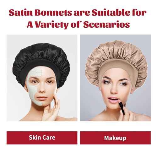 2Pcs Silk Bonnet for Sleeping, Satin Hair Bonnets, Soft Elastic Band Silk Sleep Cap, Hair Wrap for Women (Black Gold)