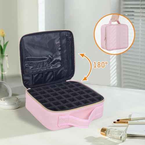 Nail Polish Organizer Case - PU Leather Portable Cosmetic Bag Hold 42 Bottles (15 ml/0.51 floz) with Removable Partition (Pink)