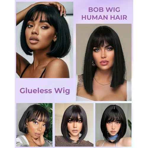 Bob Wig with Bangs Human Hair 100% Human Hair Wigs with Bangs Glueless 2¡¿1 Lace Closure Short Bob Wig Human Hair Straight Wigs for Black Women Closure 180% Density Beginner Friendly£¨14Inch,Black£©
