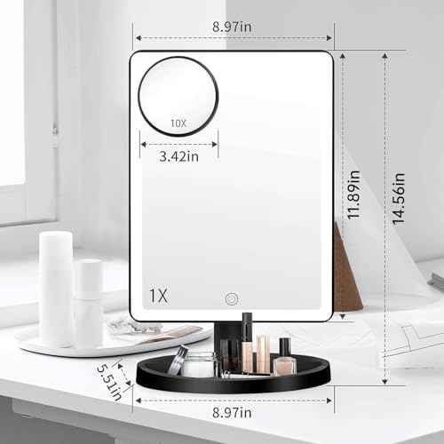 FUNTOUCH Large Lighted Makeup Mirror with Lights, 3 Color Lighting Modes Light Up Mirror with 88 LED, 10X Magnification and 360¡Æ Rotation Touch Screen Tabletop Cosmetic Vanity Make Up Mirror (Black)