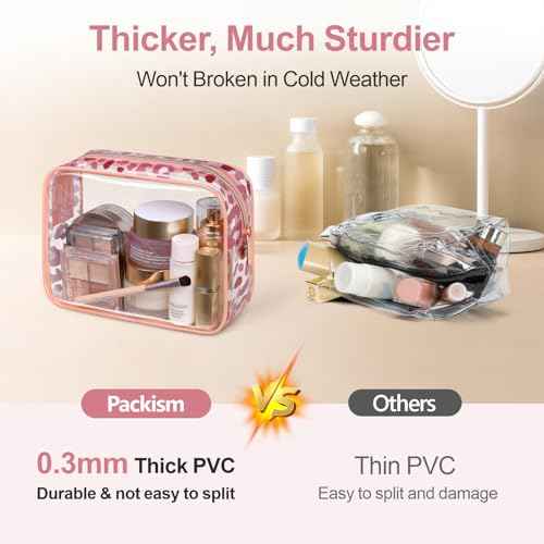 PACKISM TSA Approved Toiletry Bag - Rose Gold Leopard Print Clear Makeup Bag, Suitable for Gifts, with Supporting Frame, Perfect for Travel Essentials, Thick No Smell