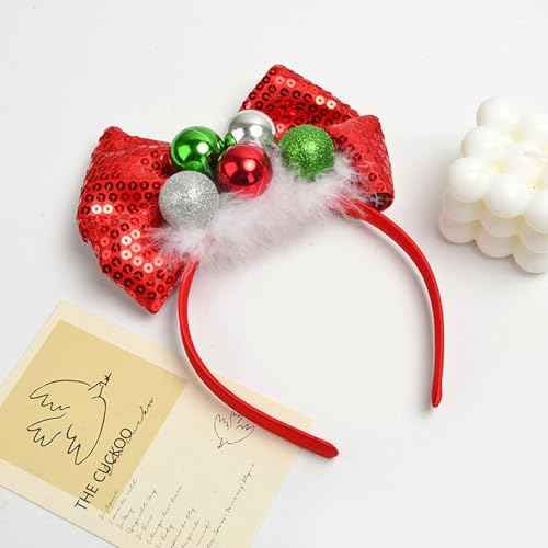 Christmas Headbands for Women Sequin Bows Headband for Girls Cute Headband for Adults Christmas Festive Party Hair Bands Glitter Silver Green Red Balls Hairband Red New Year Xmas Hair Accessories 1Pcs