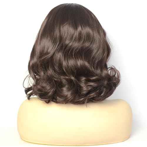 Dark Brown Lace Front Wig Short Bob Style 6# Pre Plucked Chocolate Brown Loose Wave Curly Synthetic Hair Side Part Half Hand Tied Replacement Full Wigs 12 Inches for Women Girls