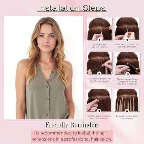 SEGO Nano Bead Hair Extensions Human Hair, 1g/Stand, 50g/pack, Add Volume, Length, and Highlights, Nano Nano Ring Tip Hair Extensions for Women, 16 Inch, Light Brown