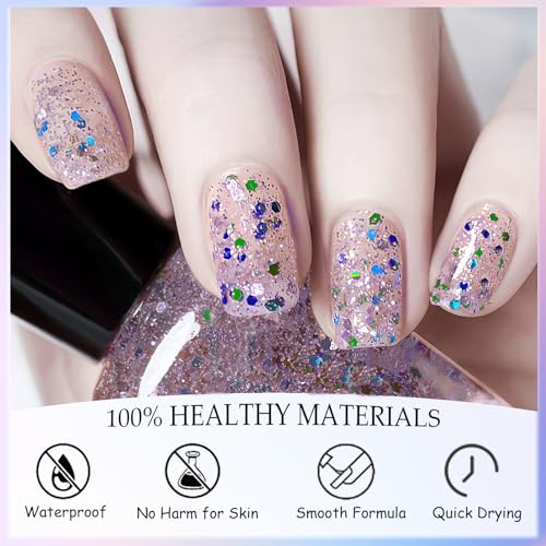 Confetti Nail Polish, Air Dry for Starter, Rainbow Glitter, Clear Colorful Reflective Gel Gift for Women Girls DIY at Home, 15ML