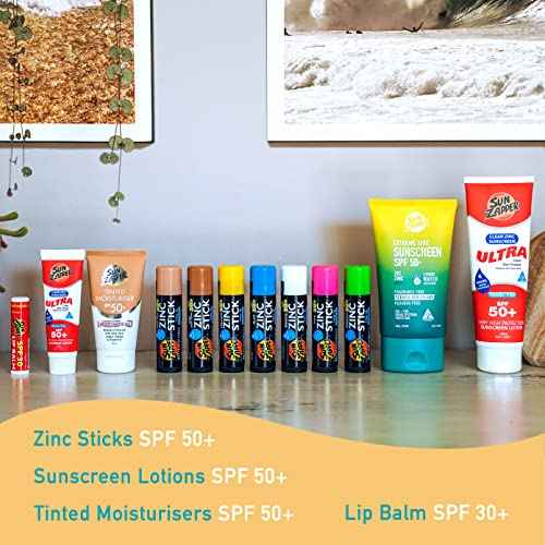 Sun Zapper Zinc Stick Mineral Sunscreen (Light Skin Tone, Pink, Blue, Green, Yellow) SPF 50+ Water Resistant for Face & Body, Adults, Kids, 8-Pack Broad Spectrum Sun Block, Made in Australia