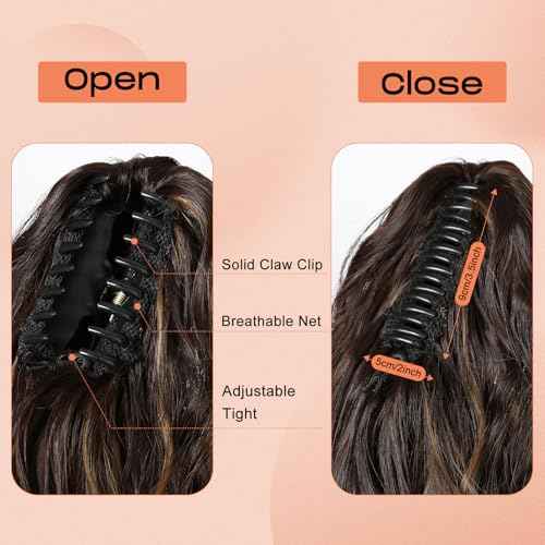 SEIKEA 18" Ponytail Extension Claw, PT002 Tia Long Multi Layered Hair FluffyThick Wavy Curly Clip in Hair Extensions Ponytail Natural Soft Synthetic Hairpiece for Women Black Brown