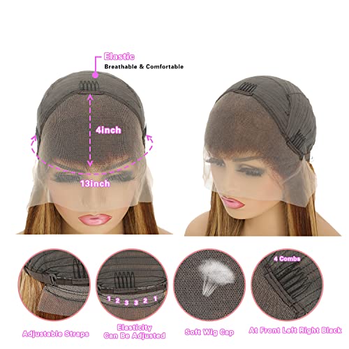 DULOVE Highlight Ombre Deep Wave Lace Front Wigs Human Hair Pre Plucked with Baby Hair Glueless 13x4 Hd Transparent Lace Front Wigs Human Hair 4/27 Honey Blonde Lace Frontal Wig 200 Density 22inch