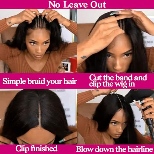 Straight V Part Wigs Human Hair Upgrade U Part Human Hair Wigs for Women Glueless Full Head Clip In Half 180% Density Natural Color (16inch)