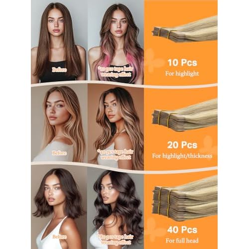 DOORES Human Hair Extensions Tape in Human Hair, Light Blonde Highlighted Golden Blonde 20 Inch 20pcs 50g, Tape in Hair Extensions Reamy Straight Hair